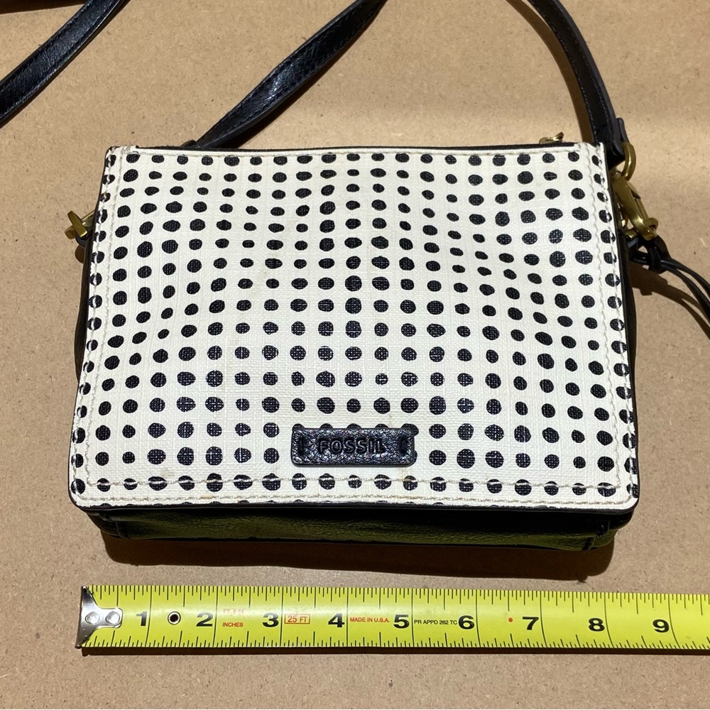 FOSSIL Polka Dot Brass Key Hardware Black White Leather Crossbody Square Bag - Picture 12 of 14